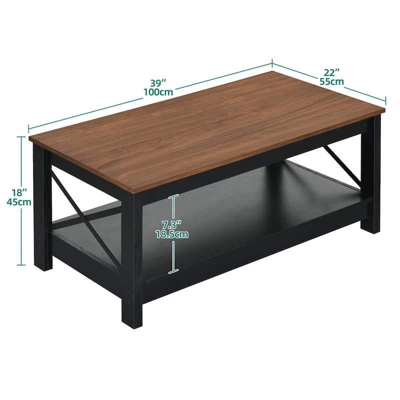 Farmhouse Wood Accent Coffee Table with Large Storage Shelf