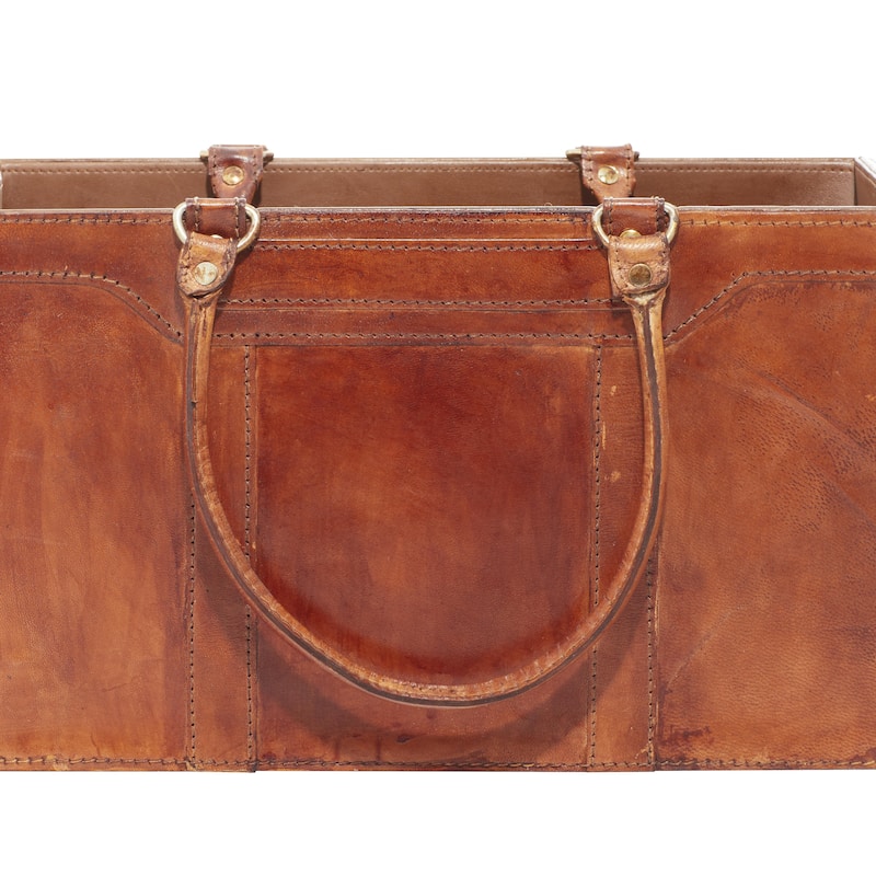 Leather Handmade Box Style Single Slot Magazine Holder with Detail Stitching and Curved Handles - Brown - Roche River Decor