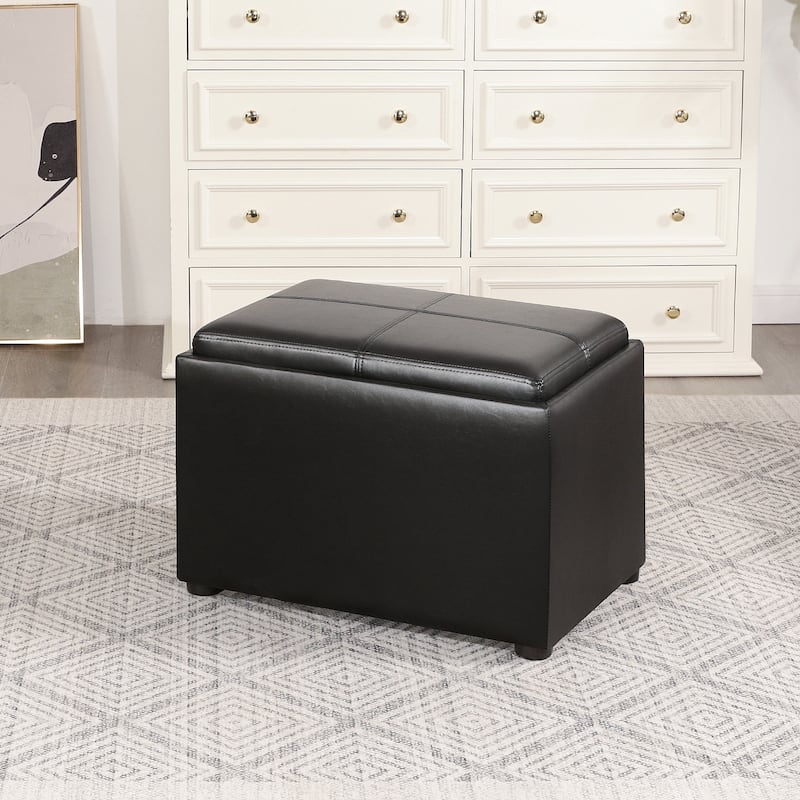 Adeco Faux Leather Rectangle Storage Ottoman with Reversible Tray