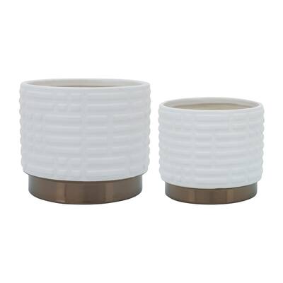 Set of Two 5"H 6" Diameter/7"H 8" Diameter Watertight White Maze Patterned Planter with Bronze Finish Base for Living