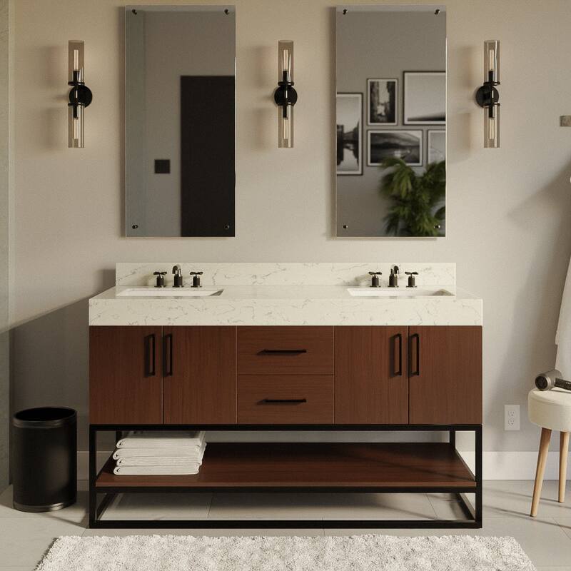 KitchenBathCollection Ellis 60" Double Bathroom Vanity with Engineered Marble Top - Walnut