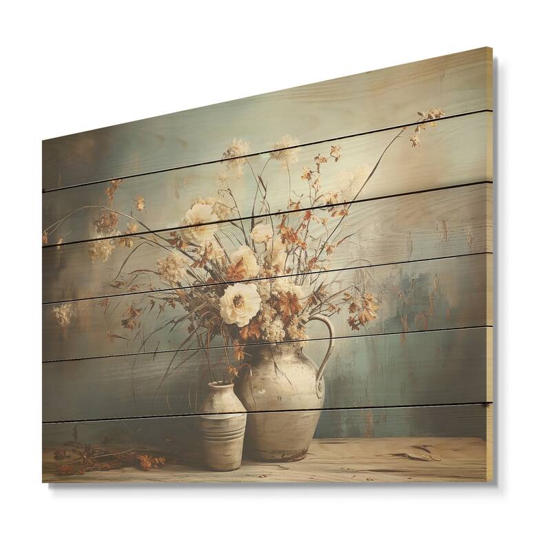 Designart "Floral Plants Bouquet Still Life Vase Oasis" Plants Wood Wall Decor - Beige Wood Panel On Natural Pine Wood