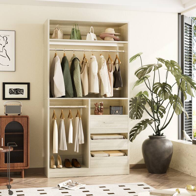 36'' W Freestanding Walk-in Closet Organizer System with 2 Hanging Rods and 3 Wood Drawers
