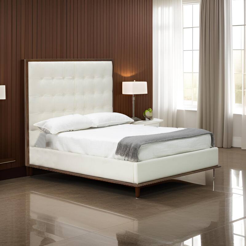 Cid Jess King Platform Bed, Tufted Faux Leather Upholstery, White, Brown