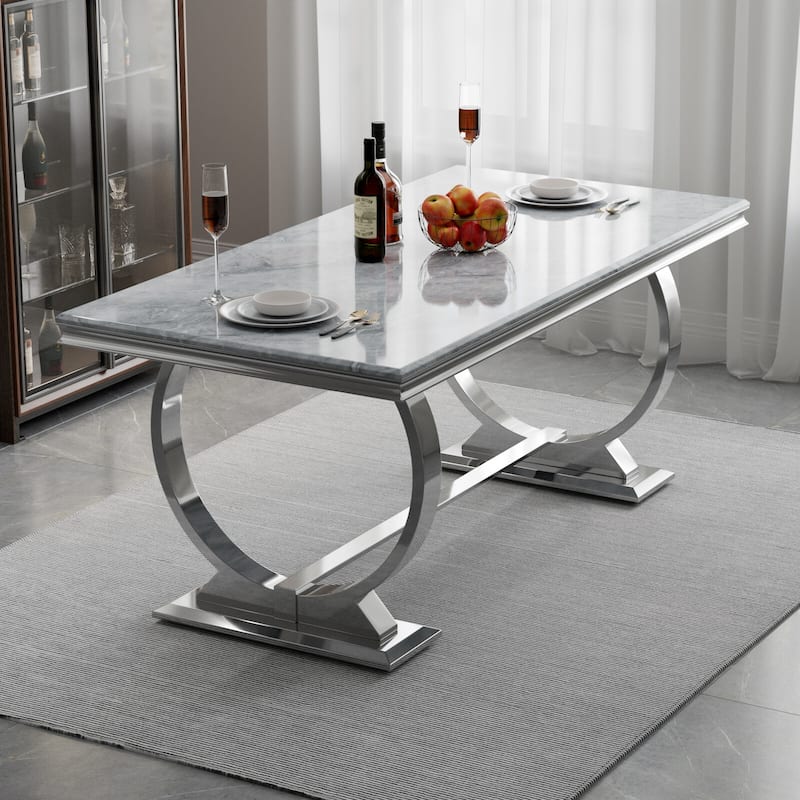 Luxury Dining Table with Polished Metal Circle Base - 72 Inch - Grey