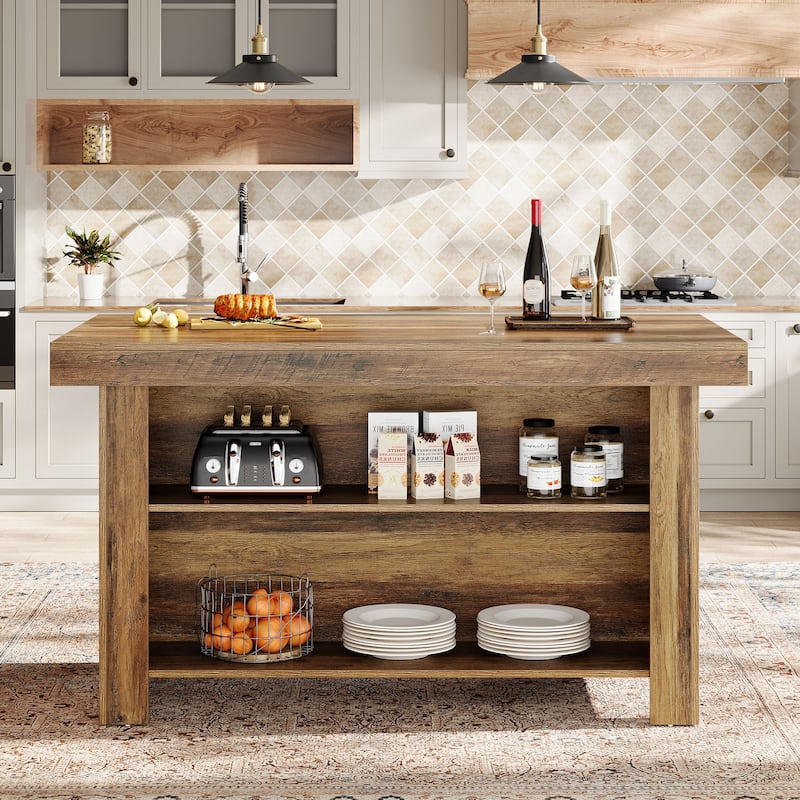 55" Kitchen Island with Storage, Farmhouse Counter Height Bar Table