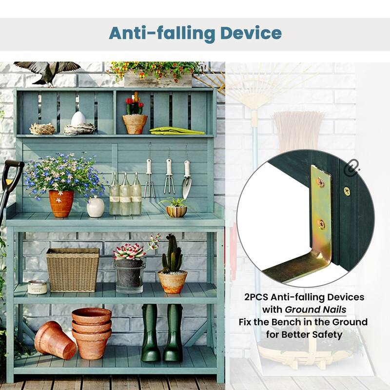 65" Large Wooden Farmhouse Rustic Outdoor Potting Bench Table, Patio Workstation with 4 Storage Shelves and Side Hook