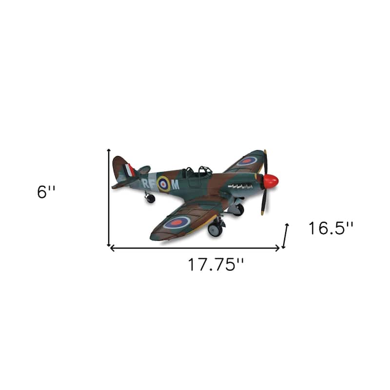 HomeRoots 6" Green Metal Hand Painted 1940 Green and Brown Spit Fire Model Airplane - 17.75' X '6' X '16.5