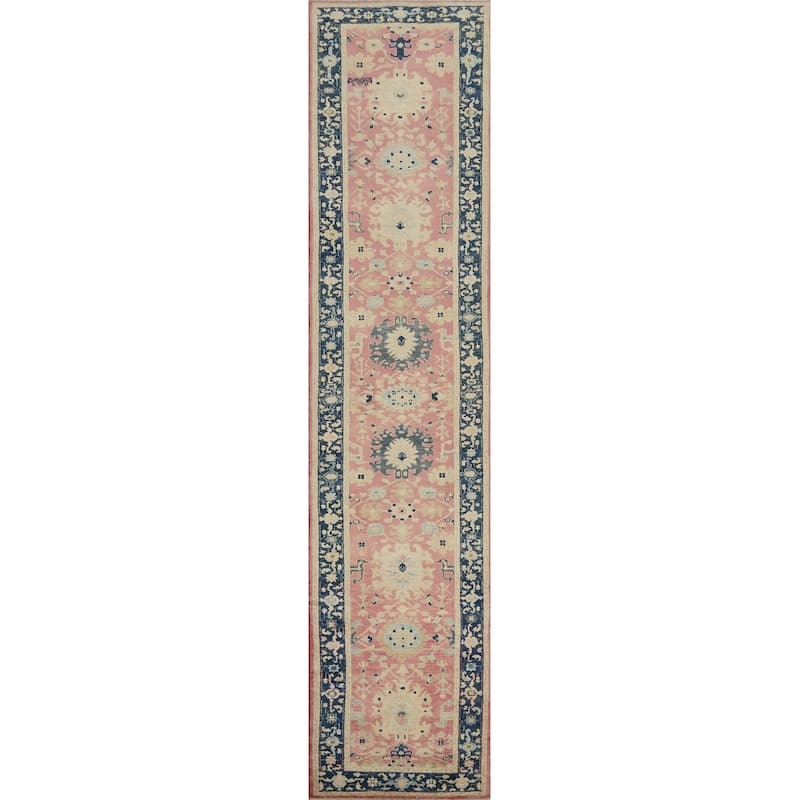 Hand Knotted Oriental 100% Wool Carpet Transitional All-Over Pink Oushak Runner Rug - 14' 7'' X 2' 7''