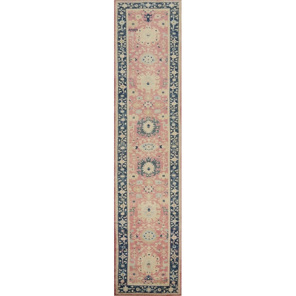 Hand Knotted Oriental 100% Wool Carpet Transitional All-Over Pink Oushak Runner Rug - 14' 7'' X 2' 7''