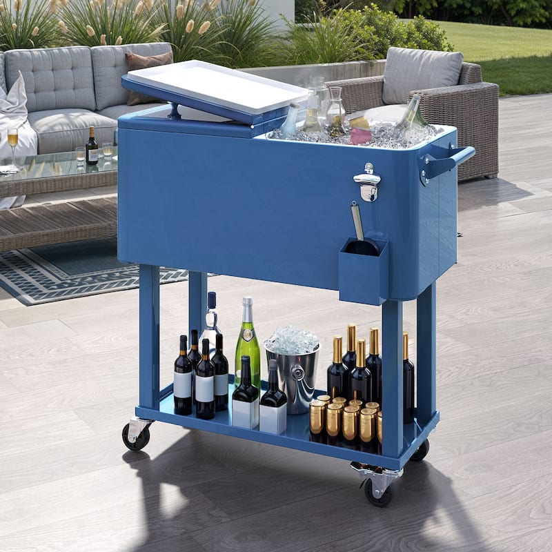 80 Quart Patio Cooler Cart With Bottle Opener Drainage - N/A - Blue