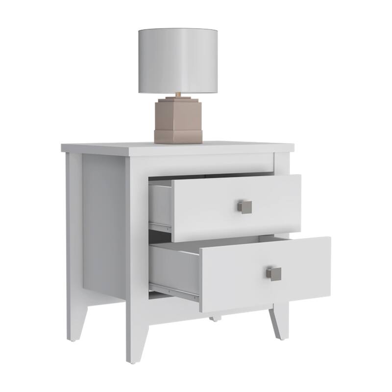 White Nightstand with Two Drawers and Four Legs