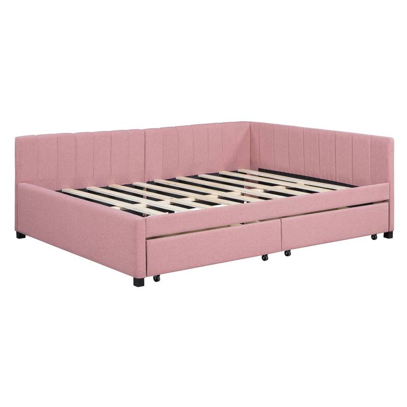 L-Shaped Backrest Daybed Upholstered Daybed Frame Classic Wood Slats Design with 2 Storage Drawers or Trundle, Full Size