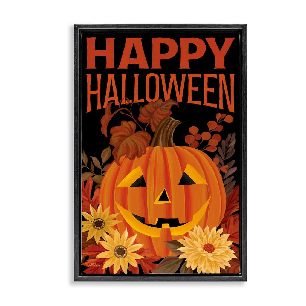 Stupell Happy Halloween Floral Pumpkin Framed Floater Canvas Wall Art Design By Cat Thurman Designs