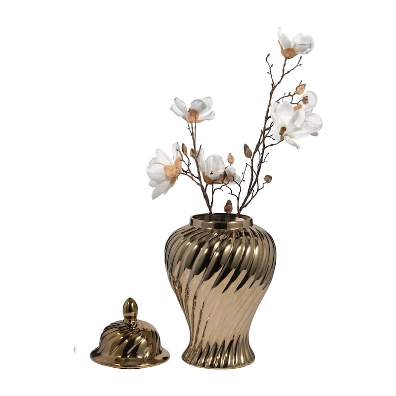 Sagebrook Home Ceramic 20" Swirl Temple Jar, White/Gold, Cylinder, 20"H, Swirl - 11" x 11" x 20"