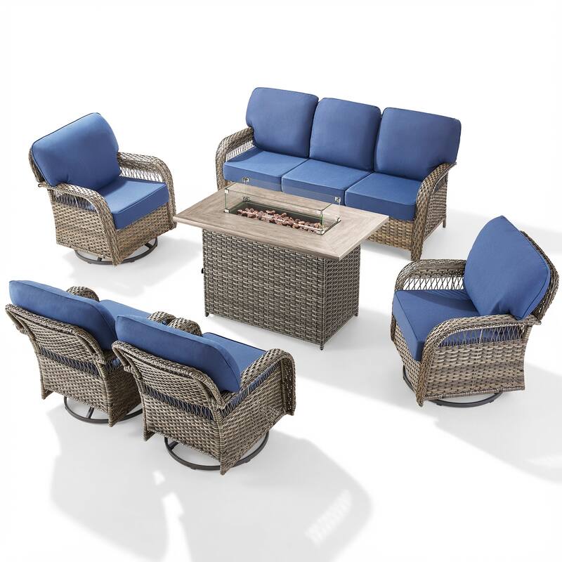 Pocassy Patio Sofa Ottoman Swivel Chair Table with Fire Table Set.