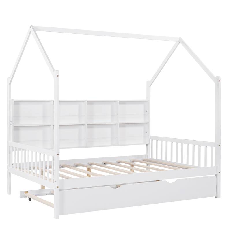 Full Size Wooden House Bed with Trundle and Shelf for Kids, White