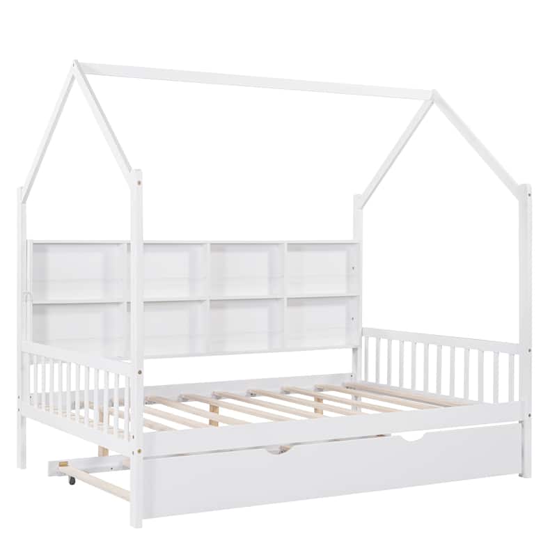Pinewood Kids House Platform Bed with Trundle, Shelf, Roof