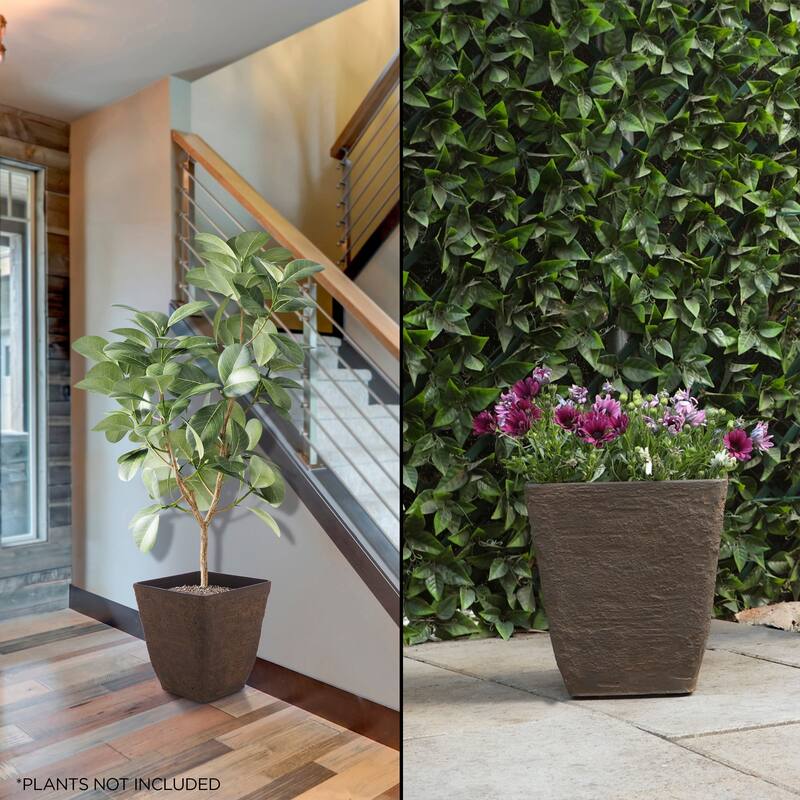 Alpine Corporation Indoor/Outdoor Stone-look Squared Planter, Large, Brown (Set of 2) - Small