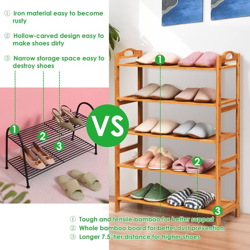 Natural 5-Tier Wicker Free-Standing Shoe Rack with Two Handle Perfect for 15 Pairs - 26.5” x 10.5” x 38” (L x W x H)