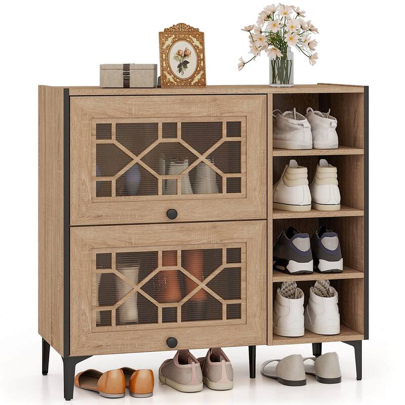 Costway Shoe Storage Cabinet with Flip Doors Adjustable and Removable - See Details - Oak - See Details