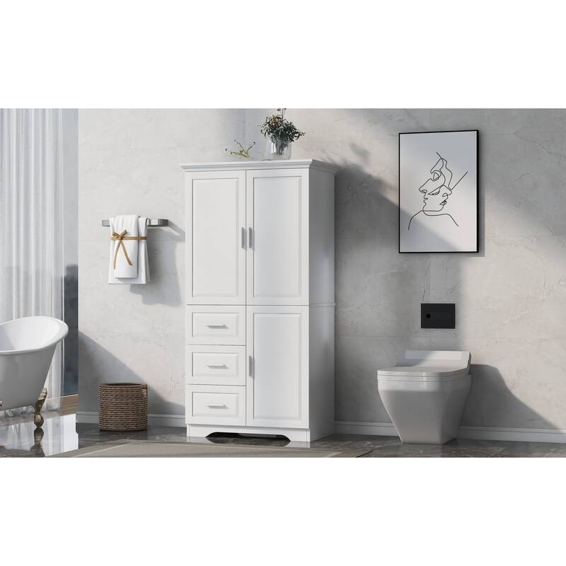 Roomfitters Tall & Wide Bathroom Storage Cabinet, Modern MDF Linen Tower with 3 Drawers & Adjustable Shelves