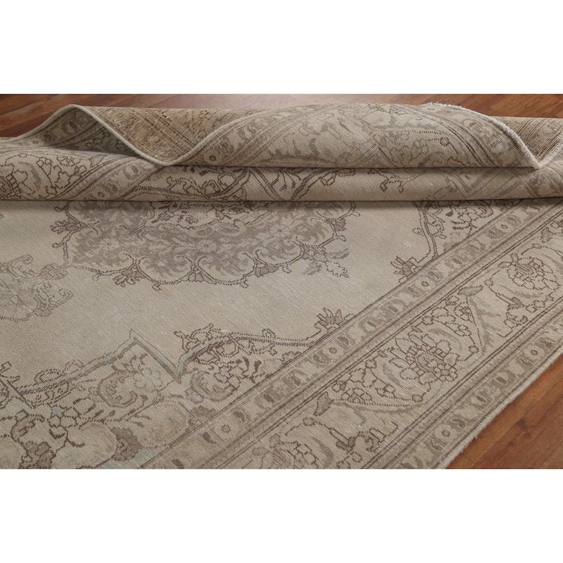 Hand Knotted Oriental 100% Wool Carpet Traditional Medallion Beige & Ivories Tabriz Area Rug - 9' 0'' X 6' 4''
