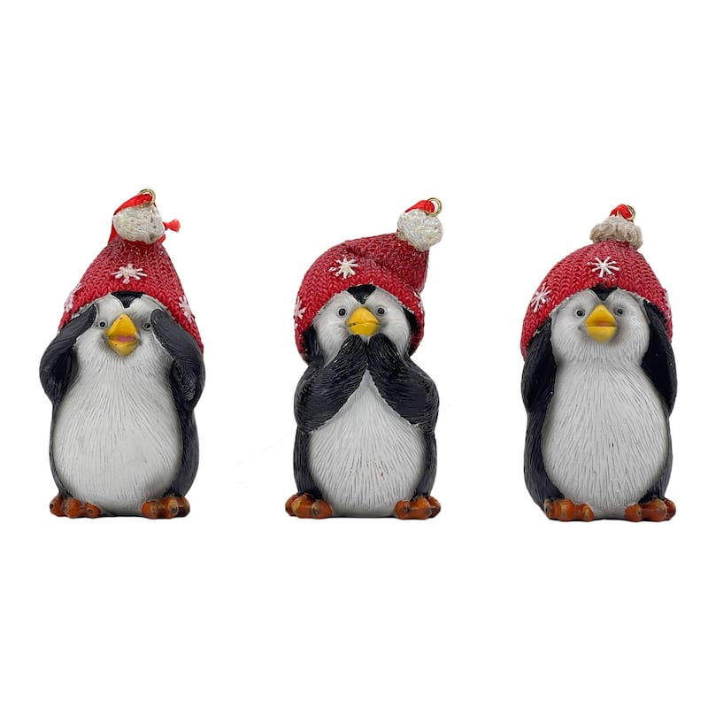Penguins With Santa Hats Christmas Ornaments 4" Black White Set of 3