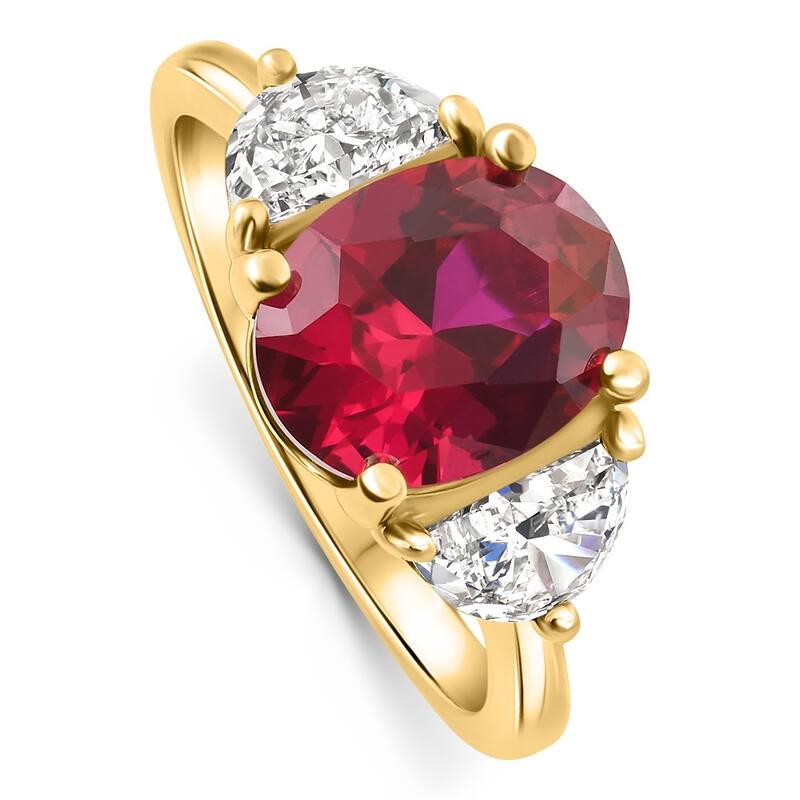 Oval Ruby & Half Moon Diamond Ring Yellow Gold Lab Grown