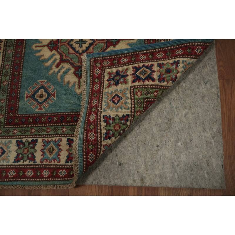 Hand Knotted Oriental 100% Wool Carpet Traditional Geometric Navy Blue & Blues Kazak Runner Rug - 9' 8'' X 2' 9''