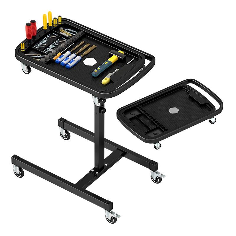 Black Metal Adjustable Tool Tray Cart with Casters and Removable Organizer - 30" L x 19" W x 31.5"-48.5" H