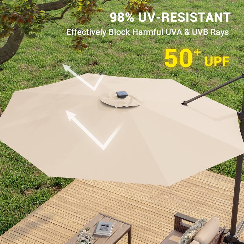 BONOSUKI Solar-powered 10FT Cantilever Patio Umbrella, Ultimate Outdoor Comfort with 360° Rotation and Canopy Angle Adjustment
