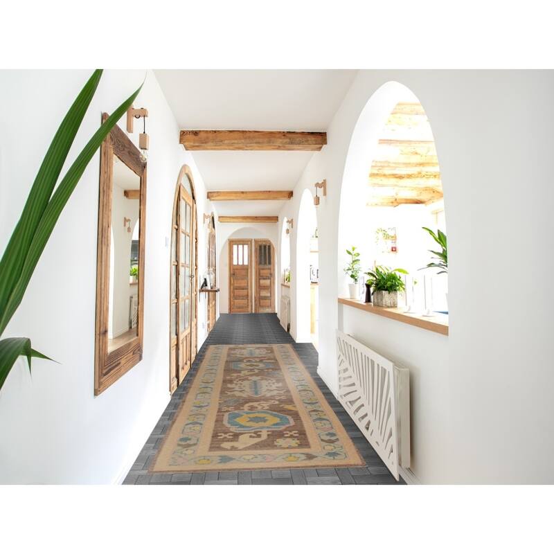 Hand Knotted Oriental 100% Wool Carpet Transitional Geometric Brown Oushak Runner Rug - 12' 3'' X 3' 2''