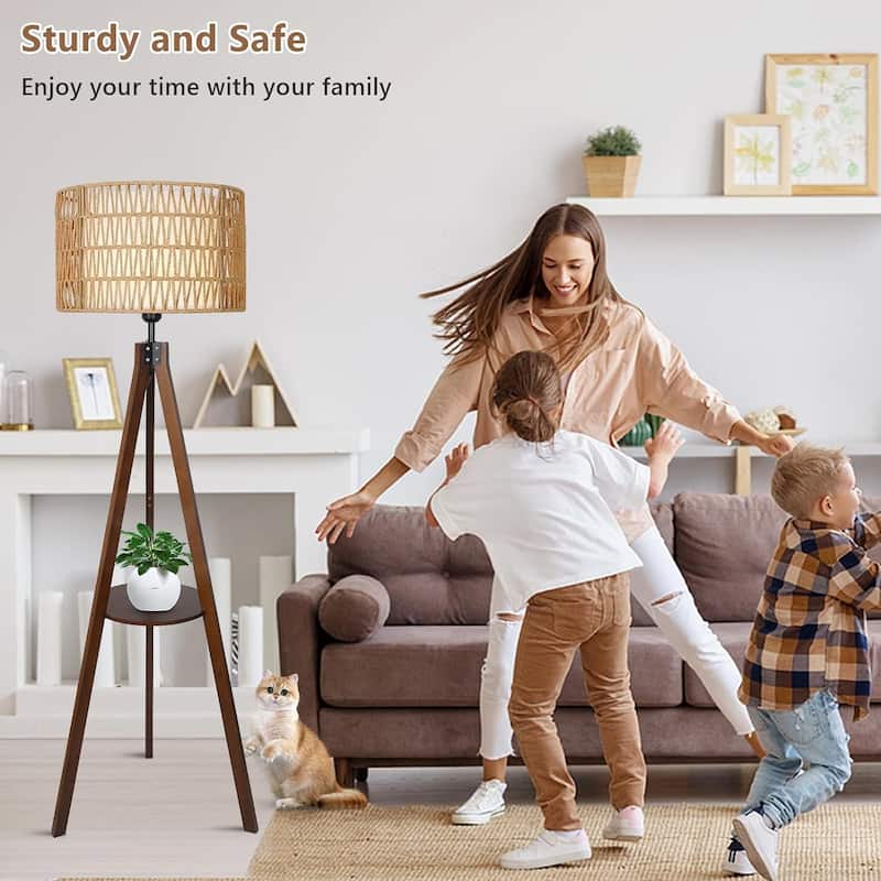 Boho Tripod Floor Lamp with Shelves, Wood Standing Lamp with Rattan & Fabric Shades, ON/Off Foot Switch,Tall Floor Lamps