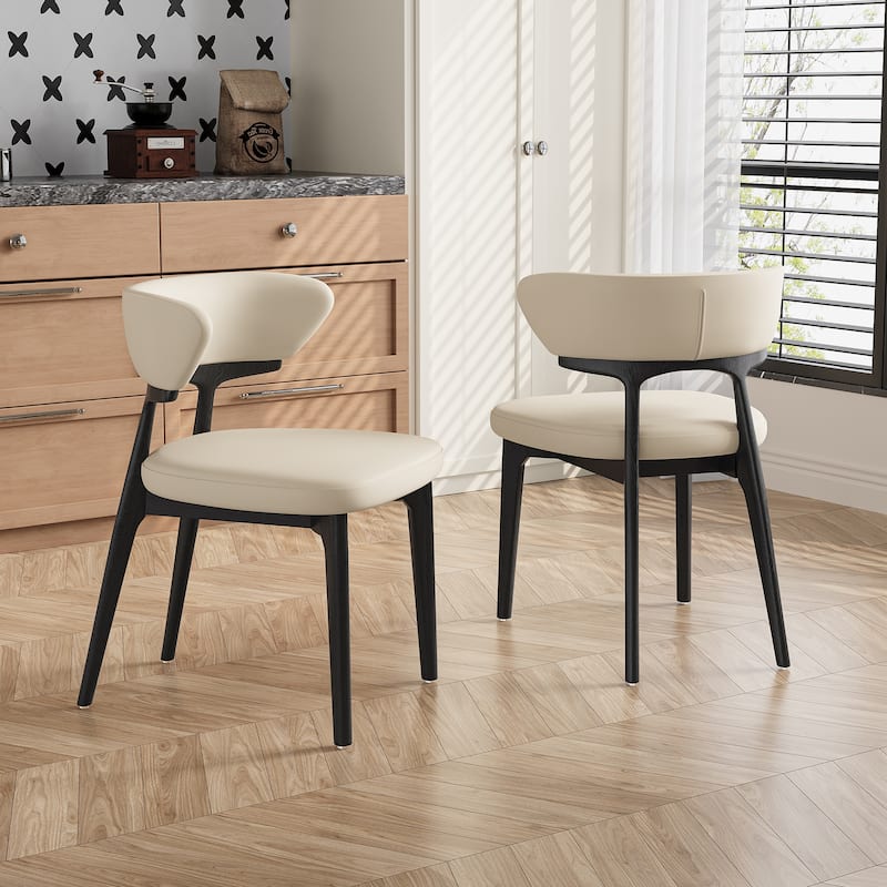 Faux Leather Dining chairs,Black Solid Wood, Beige Faux Leather, Set of 2, Not Assembled need - Black Legs