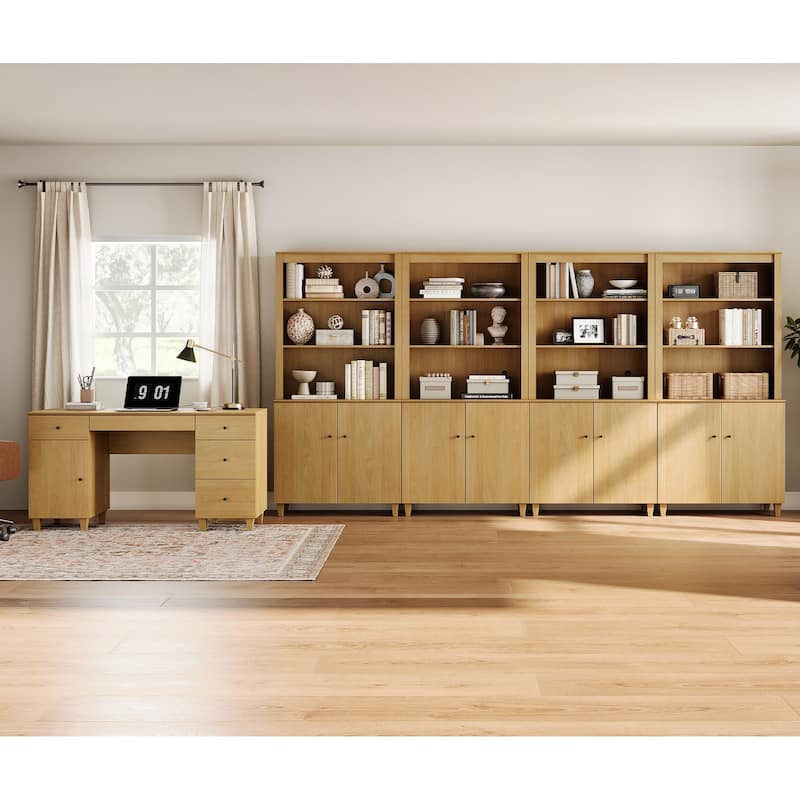 WAMPAT Home Office Furniture Set, 58" Executive Desk with Cabinet, 4-Column 71" Tall Bookcase with Doors and Adjustable Shelves
