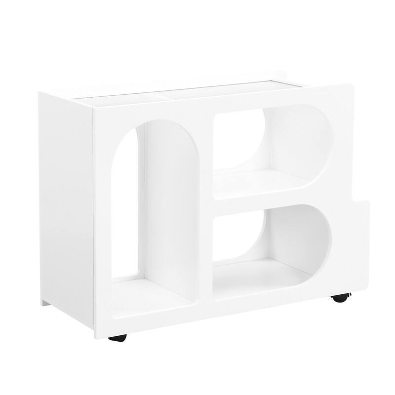 Mobile End Table with Thick Fluted Tempered Glass, Narrow Side Table with Lockable Wheels and Open Storage Compartments