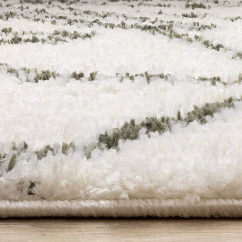 Cream Black Leaf Sketched Leaves Shag Area Rug, 3'11" x 5'7"