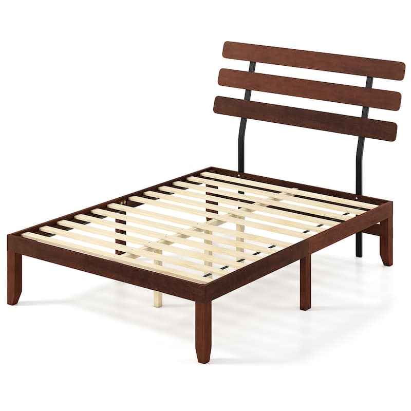 Walnut Solid Rubber Wood Platform Bed with Retro Headboard and Slatted Mattress Base - Multi - Full