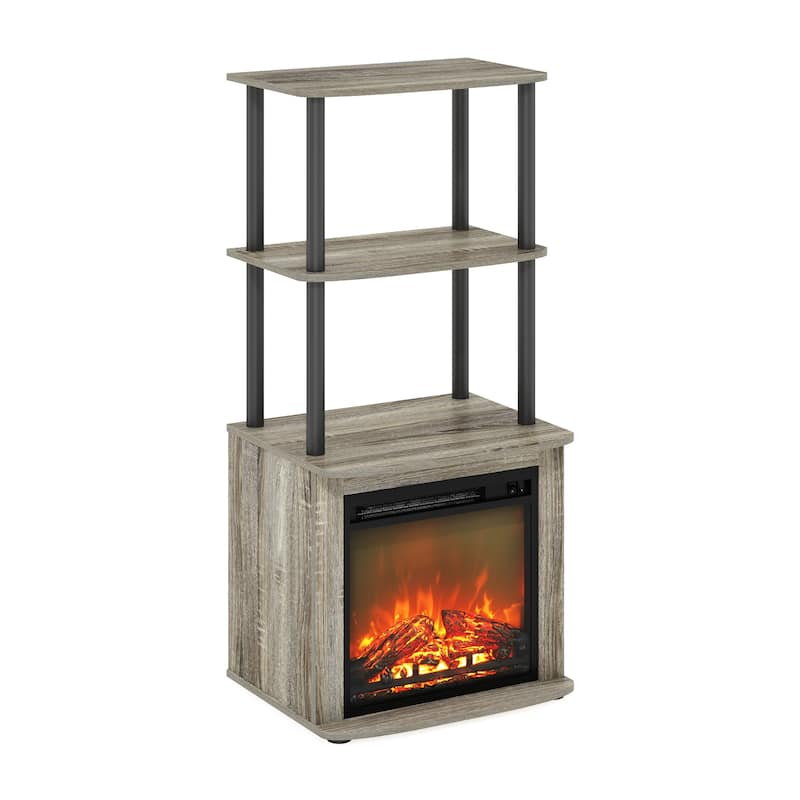 Furinno Turn-N-Tube 2-Tier Tall TV Entertainment Side Table Display Rack with Fireplace Insert - French Oak Grey/Black