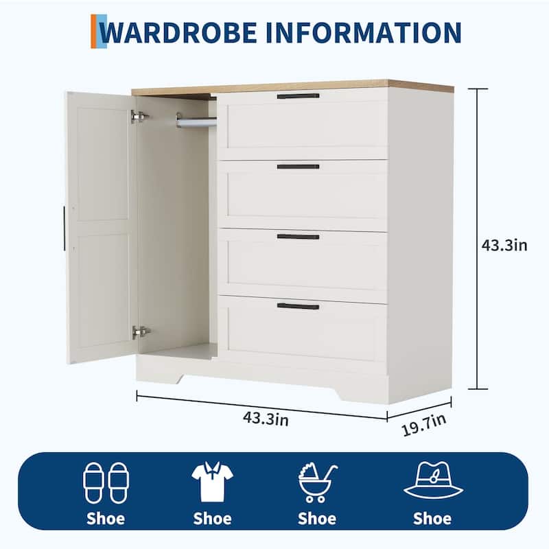 Wood Armoire Wardrobe Closet with 4 Drawers and Door, 43.3" H Bedroom Wardrobe Cabinet with Hanging Rod