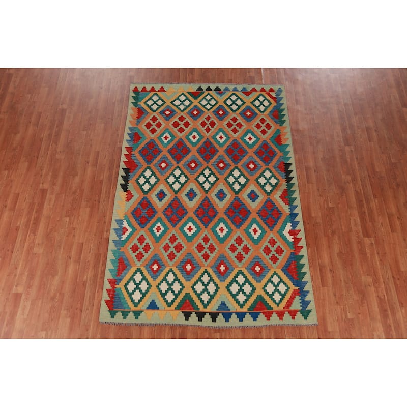 Hand Woven Oriental 100% Wool Carpet Southwestern Geometric Oranges & Rust Kilim Area Rug - 8' 6'' X 5' 7''