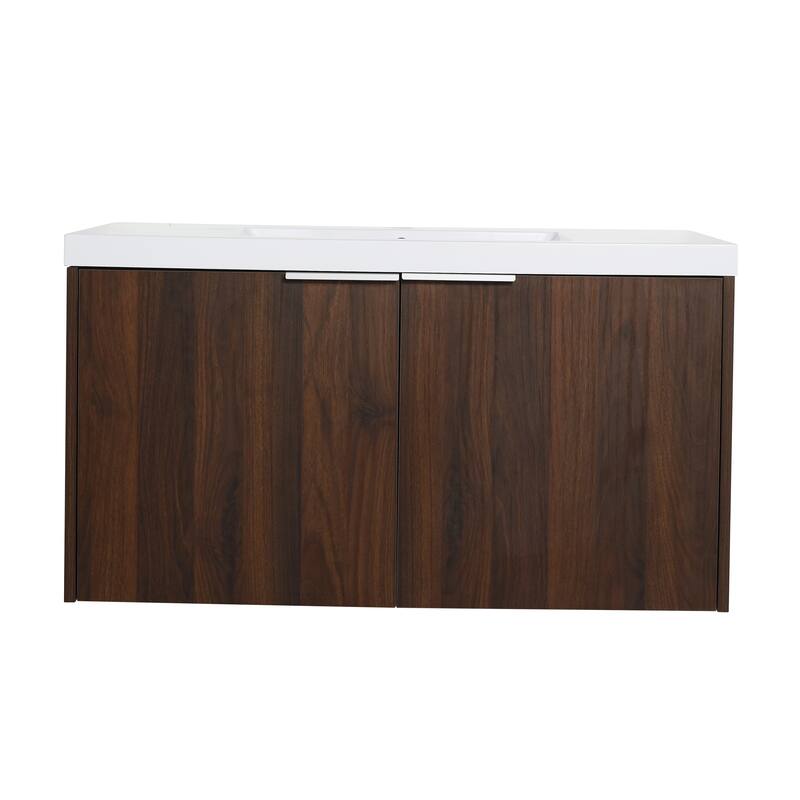 Floating Bathroom Vanity with Resin Sink, Soft Closing Doors, Metal Handles, and Ample Storage Space - 35.4in L Plywood