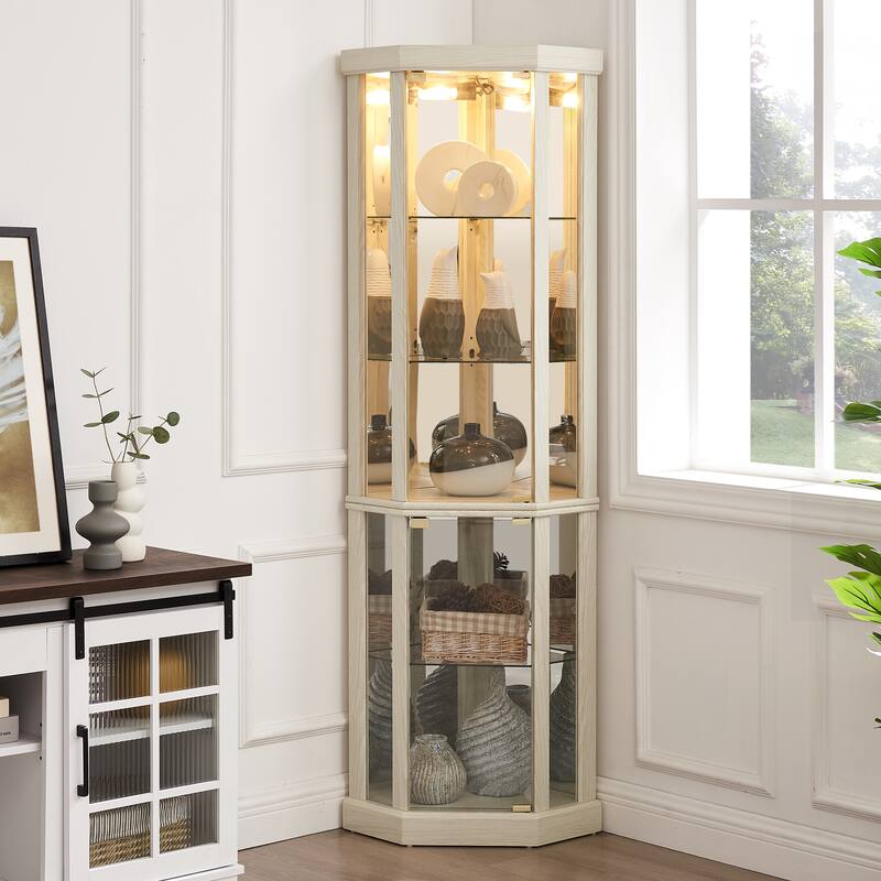 Lighted Corner Curio Cabinet - Elegant Glass Display Case for Display Storage - Perfect for Antique Collections & Wine