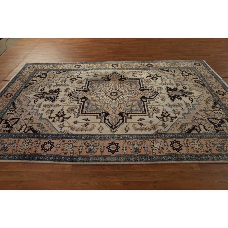 Hand Knotted Oriental 100% Wool Carpet Traditional Medallion Beige & Ivories Heriz (serapi) Area Rug - 9' 7'' X 6' 5''