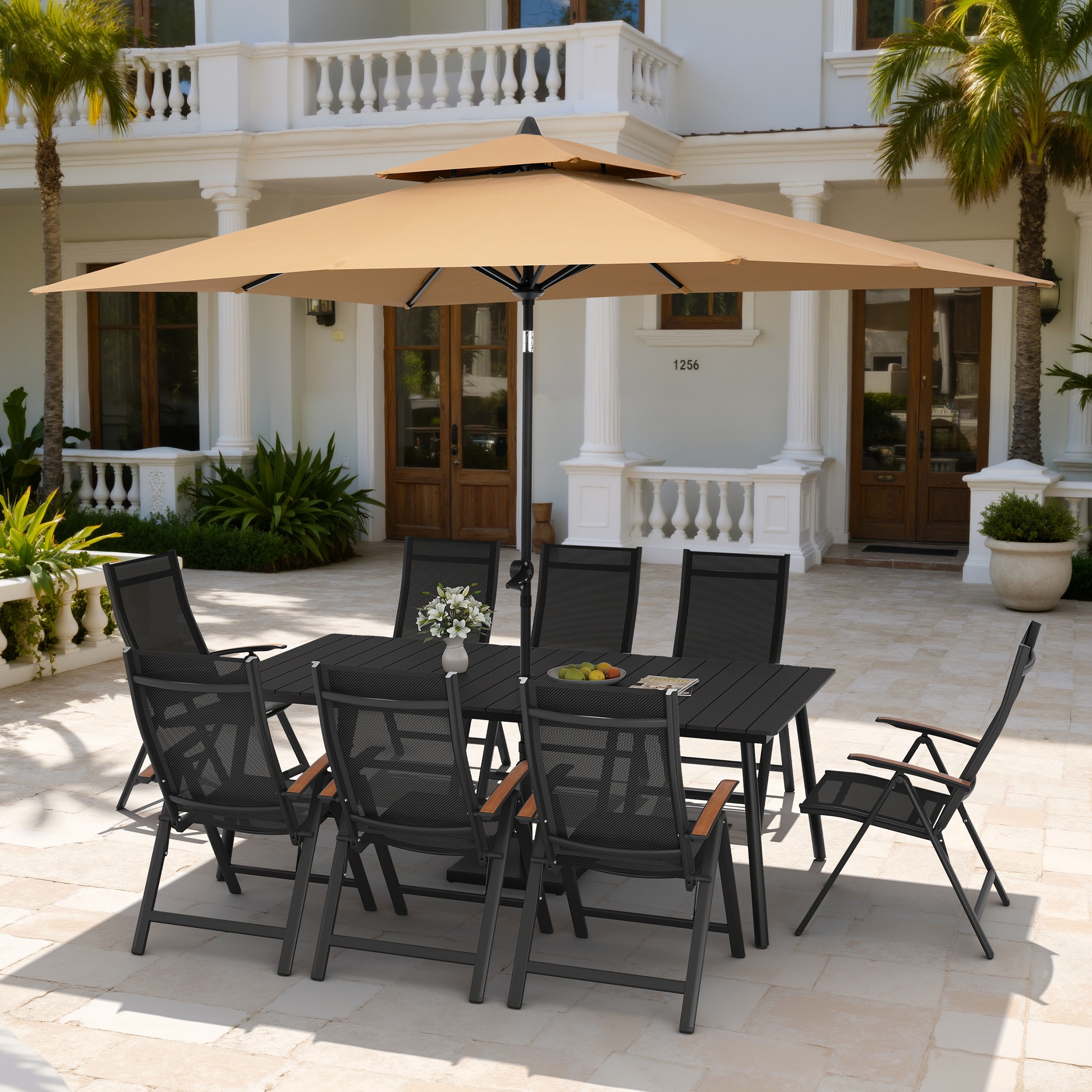 11PC Outdoor Patio Dining Set Wood-Like Aluminum Umbrella Hole Table with Folding Chairs,Double Top Market Umbrella and Base