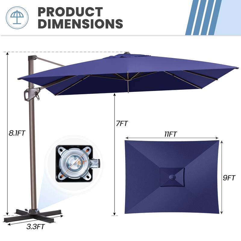 11 x 9 FT Rectangle Outdoor Premium Patio Cantilever Offset Umbrella