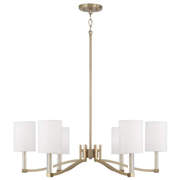 slide 2 of 4, 40" W x 18.5" H 6-Light Chandelier in Matte Brass with Clear Acrylic Accents and Cylindrical White Fabric Shades - 32"W x 10.5"H 32"W x 10.5"H - Matte Brass