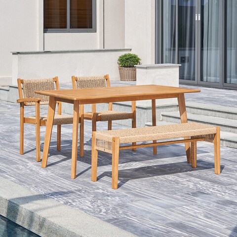 Chesapeake Honey Patio Acacia Wooden Mixed Strapped Rattan Dining Set with Bench