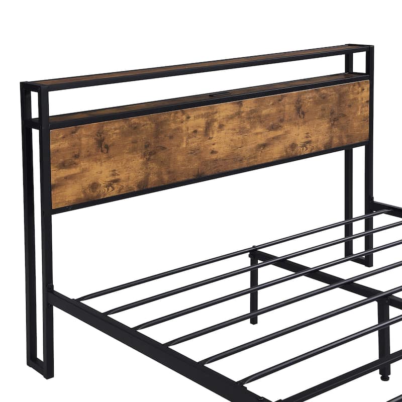 Noise Free Metal/Wood Platform Bed Frame with 2 USB Ports, Modern Industrial LED Lights Headboard Bed Frame with Shelf